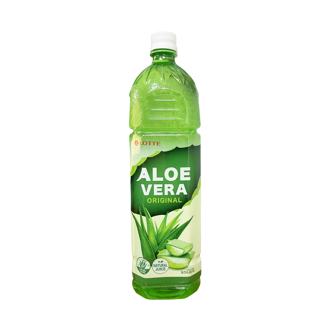 Lotte Aloe Vera Original drink in a green bottle, featuring aloe vera pieces and vibrant graphics, refreshing beverage.